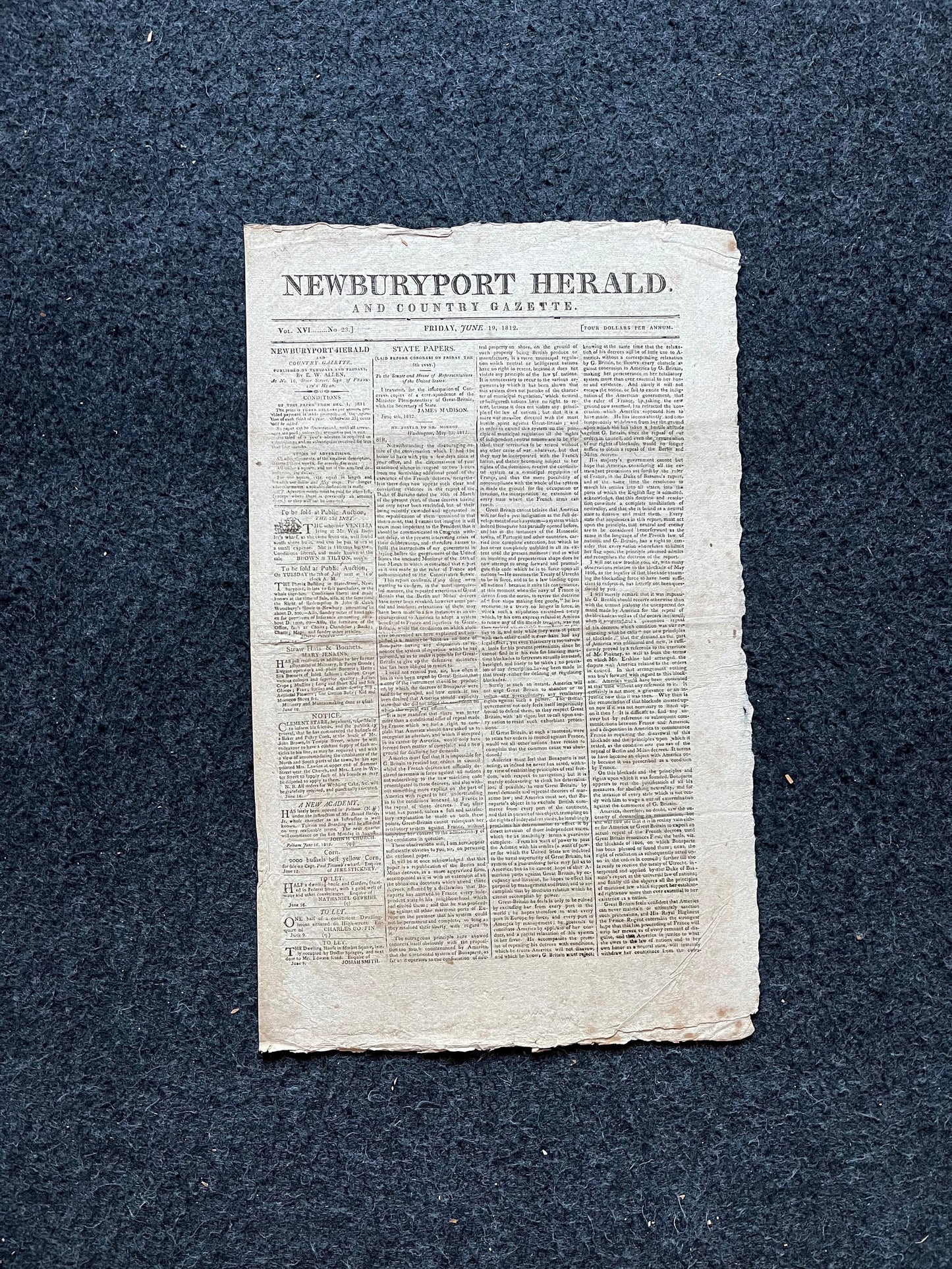 US War of 1812 Day After Declaration of War Original Newspaper, American Military Gifts Vintage United States History, Andrew Jackson