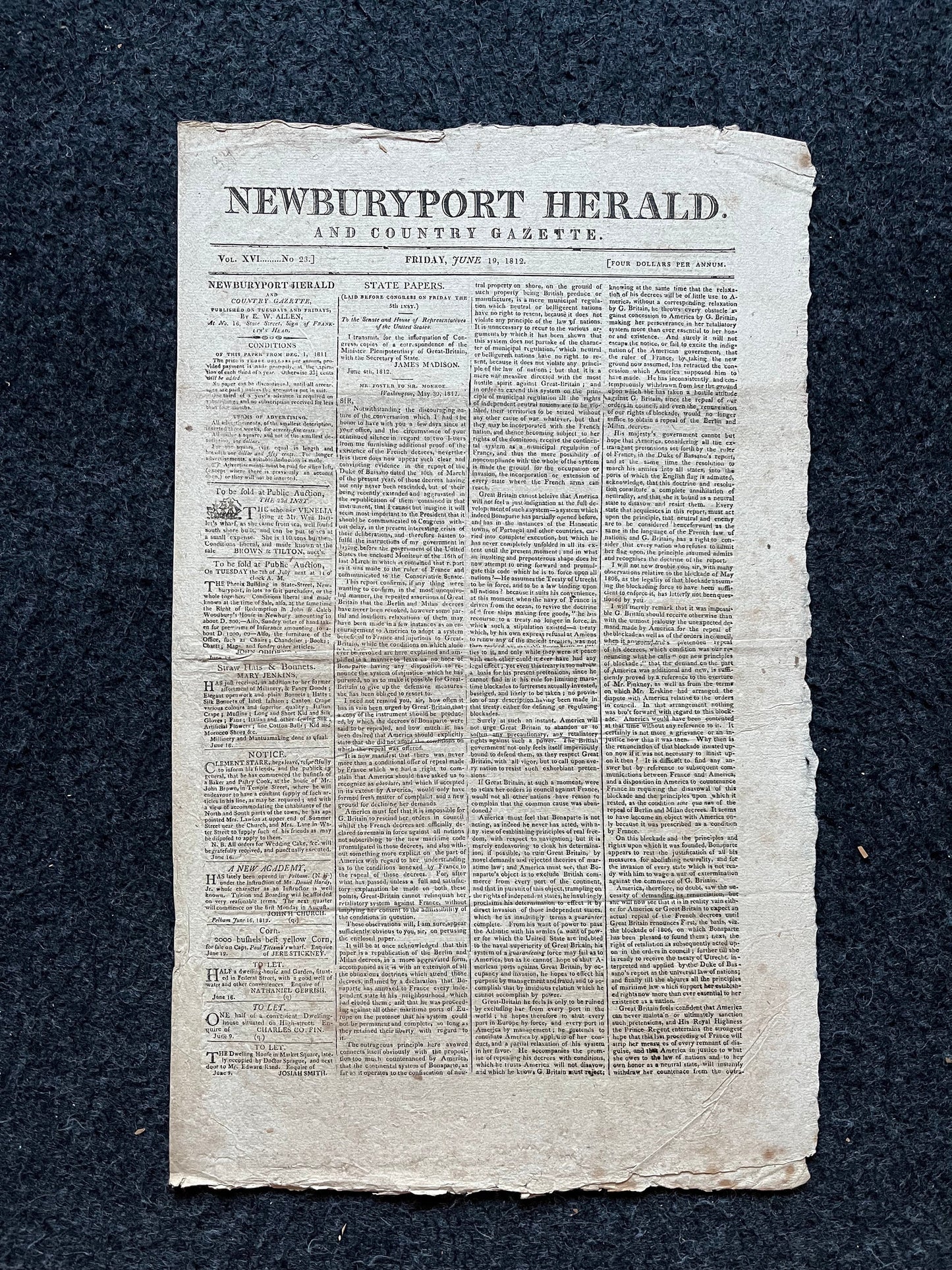 US War of 1812 Day After Declaration of War Original Newspaper, American Military Gifts Vintage United States History, Andrew Jackson