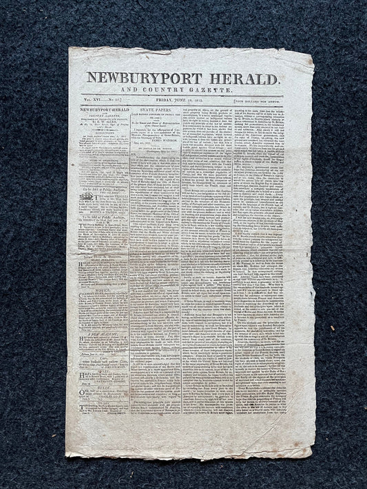US War of 1812 Day After Declaration of War Original Newspaper, American Military Gifts Vintage United States History, Andrew Jackson