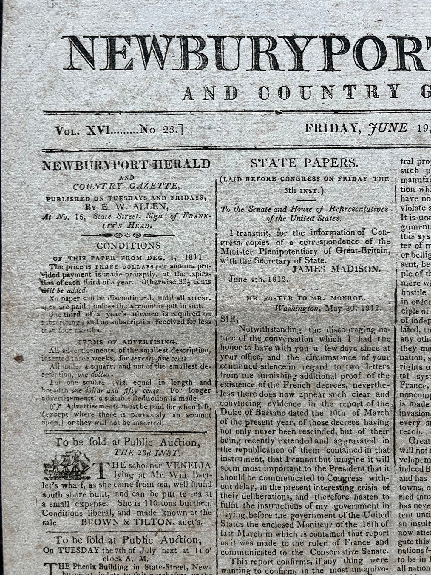 US War of 1812 Day After Declaration of War Original Newspaper, American Military Gifts Vintage United States History, Andrew Jackson