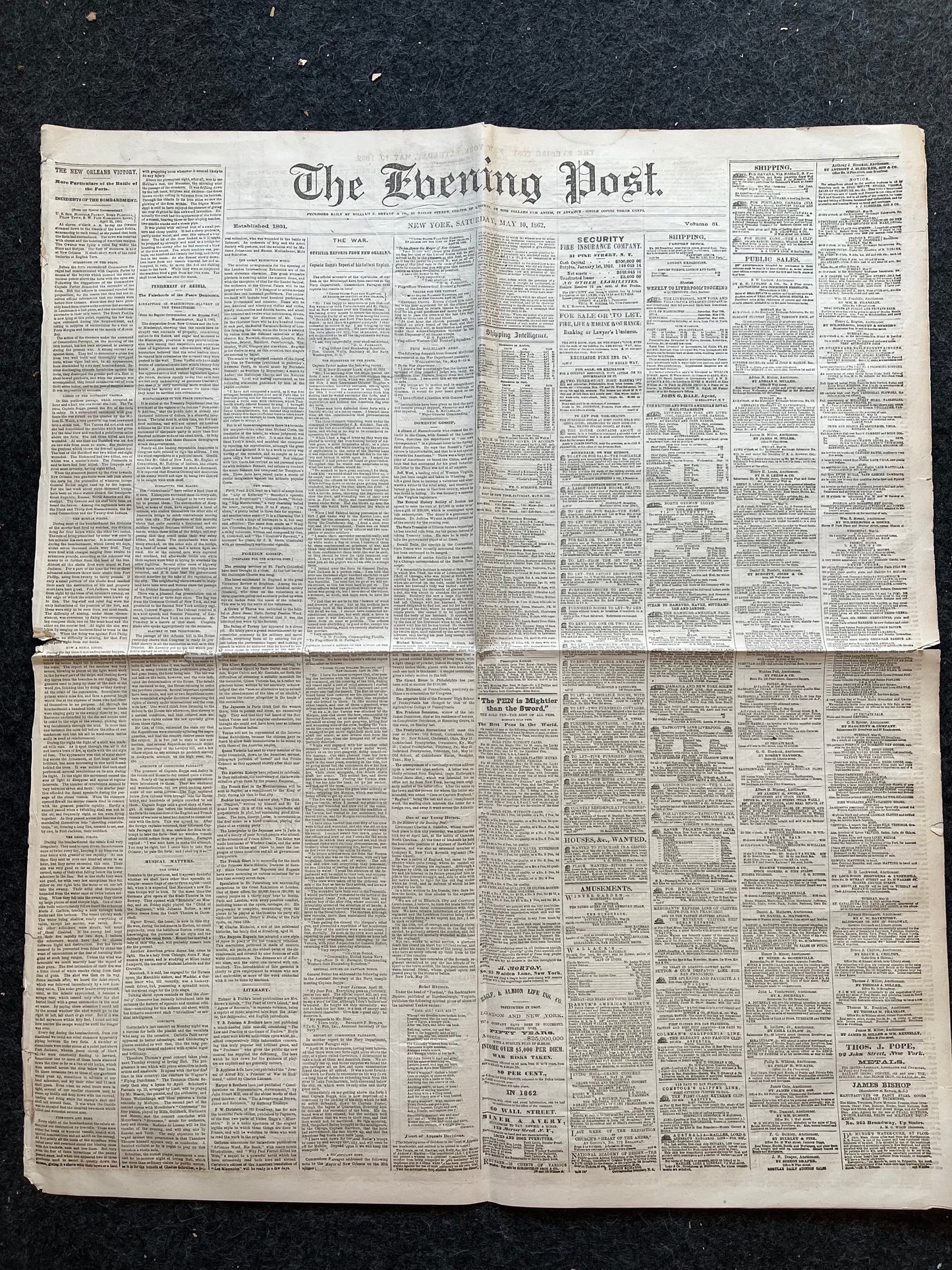 1862 Battle of New Orleans, May 10th 1862 Original Civil War Newspaper New Orleans History Memorabilia, Gifts for Dads Civil War Memorabilia