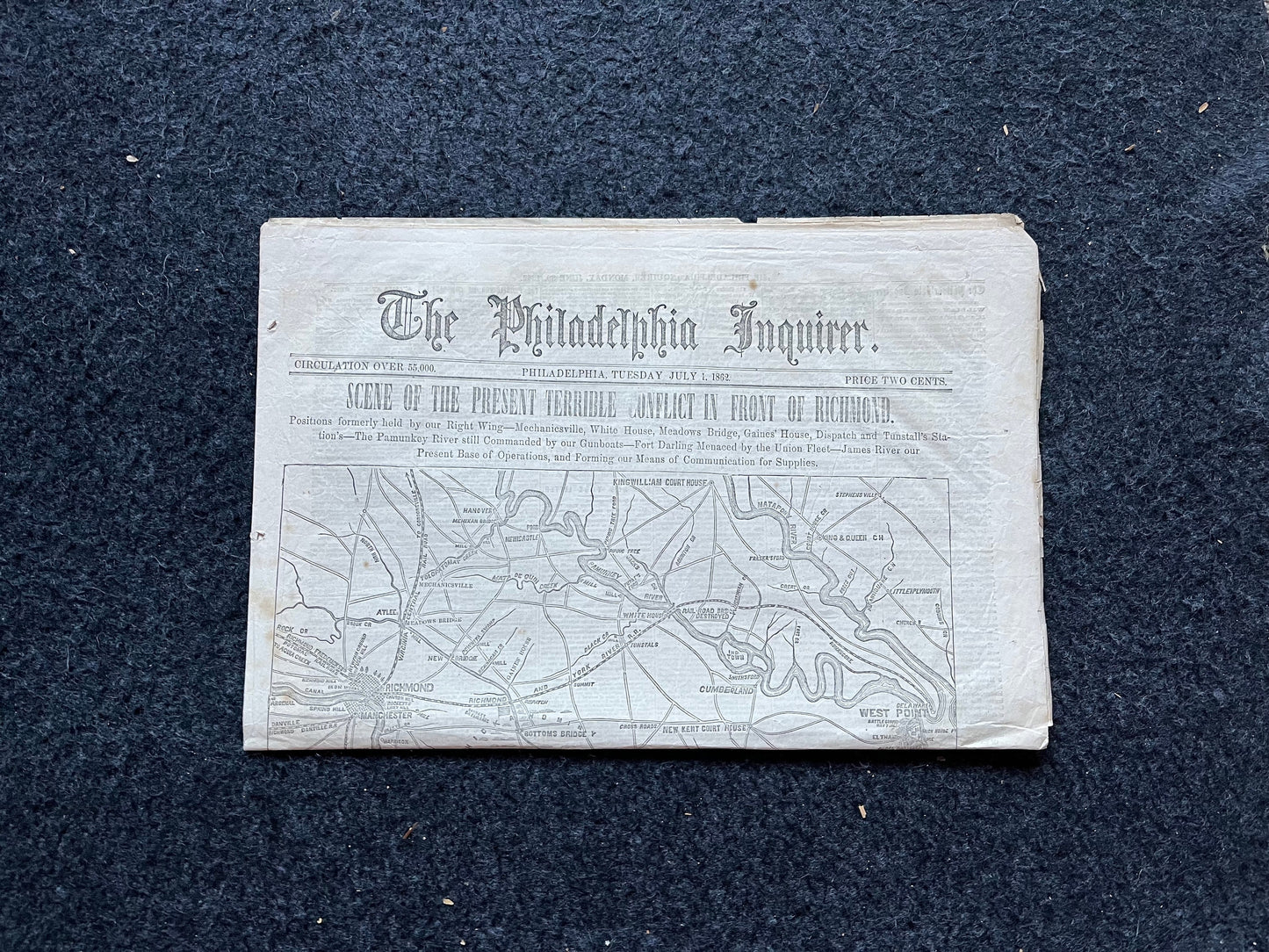 1862 Seven Days Battle of Virginia, Lee Triumphs over GAR, Civil War Map Original Newspaper, Virginia History Memorabilia, Gifts for Dads