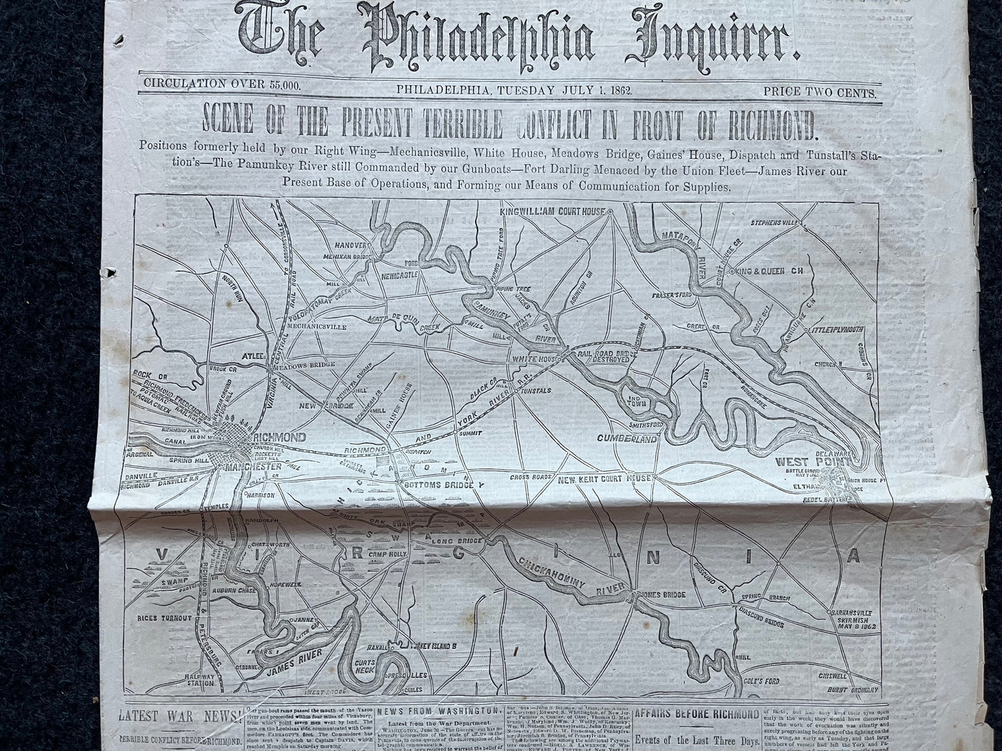 1862 Seven Days Battle of Virginia, Lee Triumphs over GAR, Civil War Map Original Newspaper, Virginia History Memorabilia, Gifts for Dads
