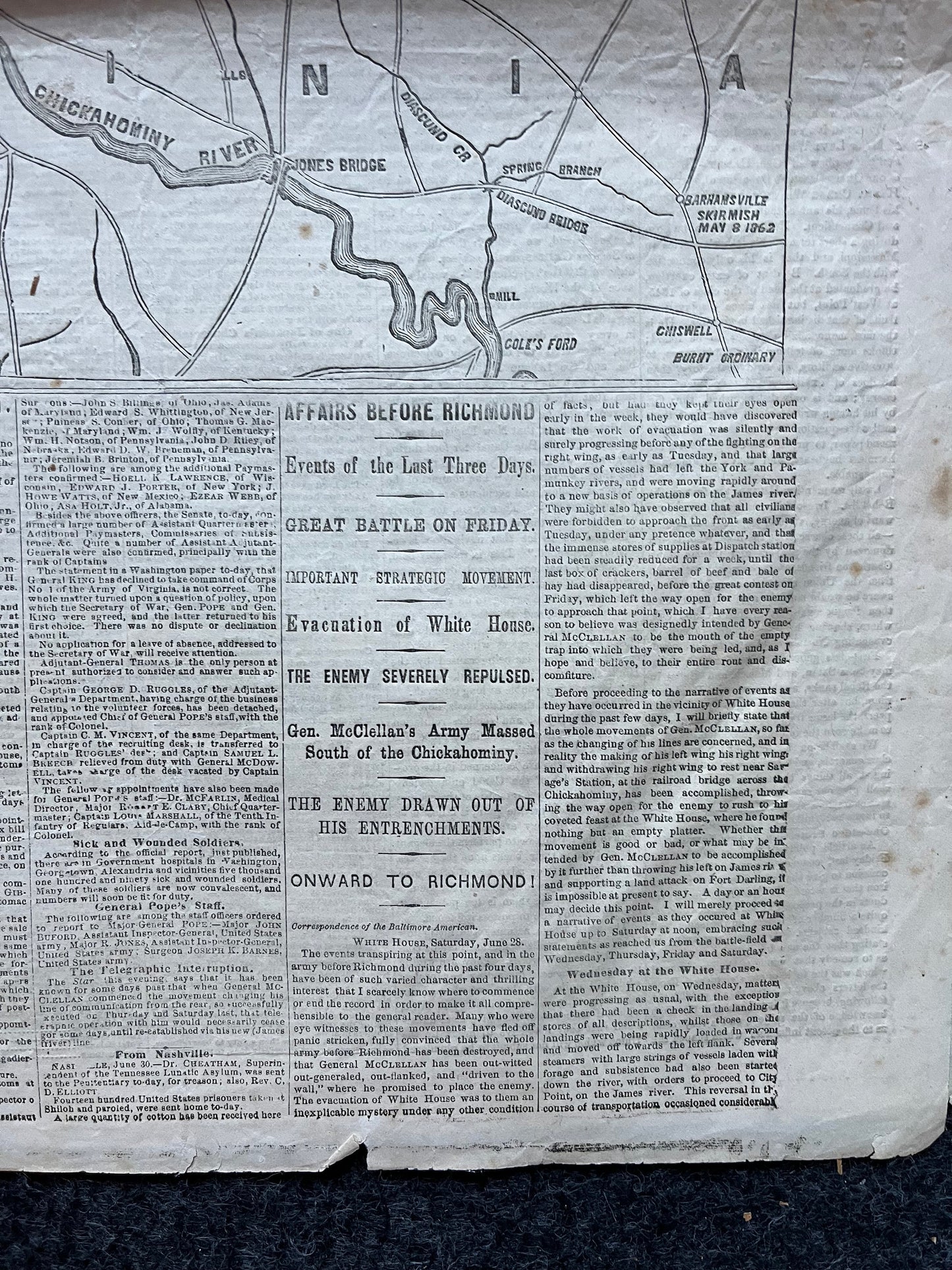 1862 Seven Days Battle of Virginia, Lee Triumphs over GAR, Civil War Map Original Newspaper, Virginia History Memorabilia, Gifts for Dads