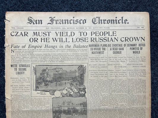 1905 Russian October Revolution, Czar Nicholas faces Russia War, WWI Memorabilia Military History Gifts, Vintage Newspaper, Russian History