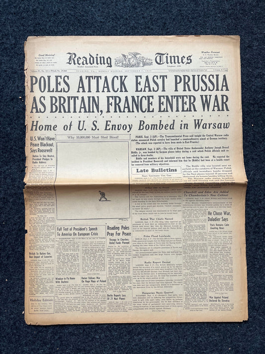 Start of World War 2 - France Britain Declare War - WW2 Memorabilia decor Germany Blitzkreig - WW2 Newspaper Original Vintage Newspaper