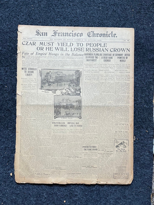 1905 Russian October Revolution, Czar Nicholas faces Russia War, WWI Memorabilia Military History Gifts, Vintage Newspaper, Russian History