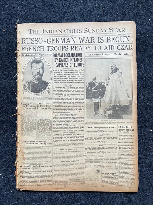 1914 Germany Declares War on Russia, World War One Memorabilia, Vintage WWI Newspaper and History Gifts, German Russian Wall Decor, Military