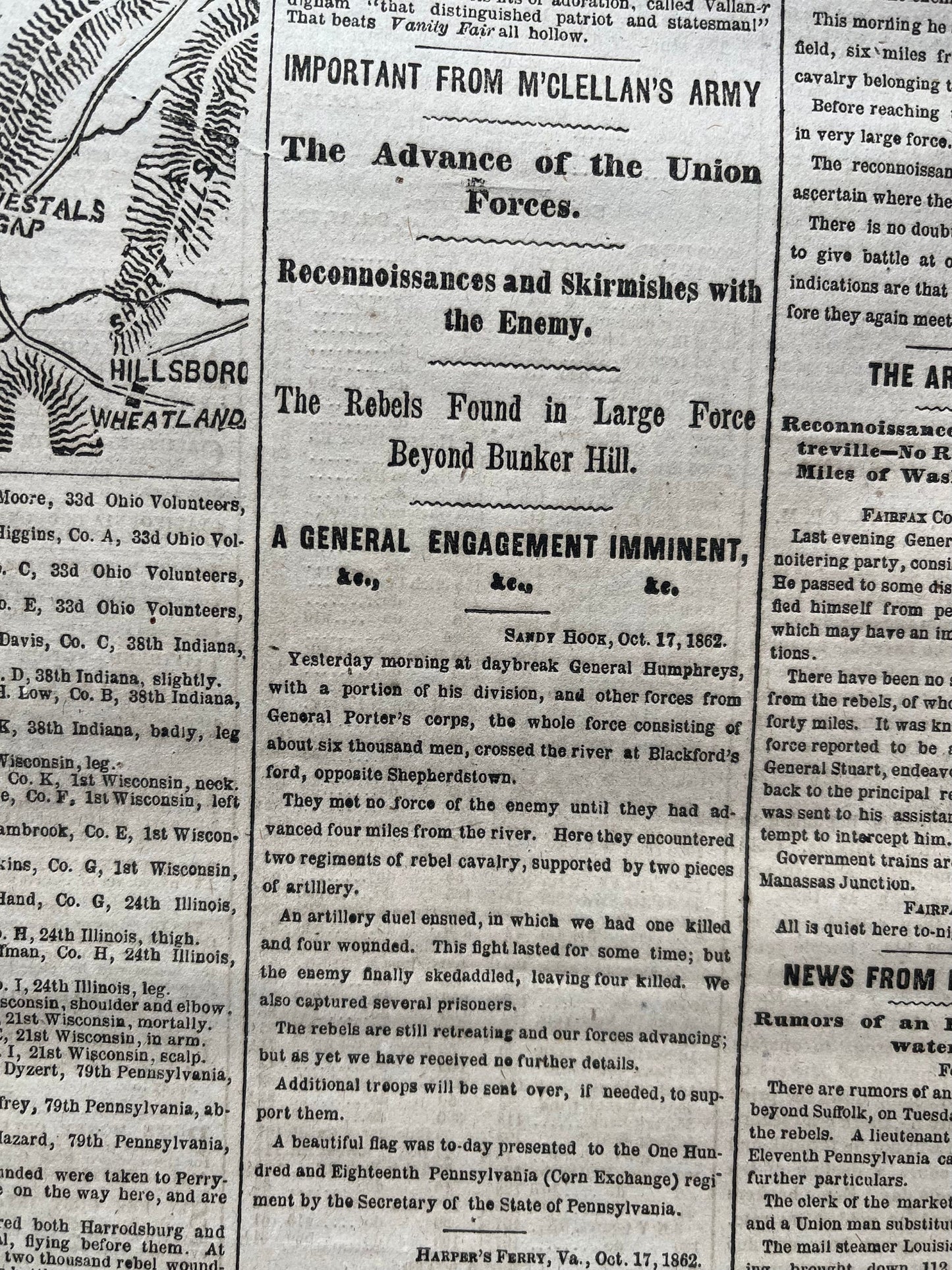 1862 Recognition of the South, Mcclellans Army Advance Mill, Famous Civil War Battle, Civil War Map Original Newspaper, Virginia History