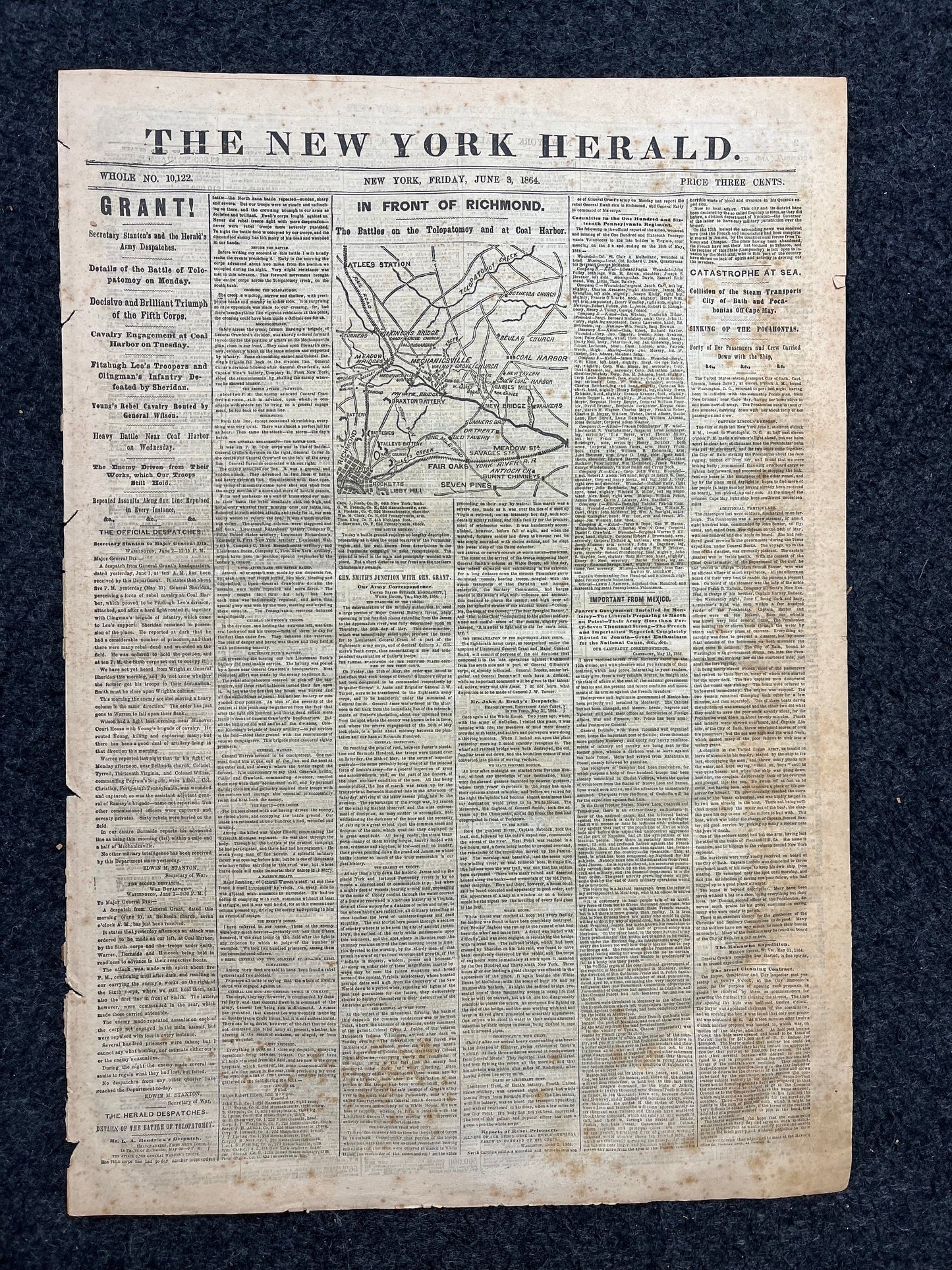 1864 Battle of Coal Harbor Civil War Newspaper, Civil War Map Original Newspaper, Virginia History Memorabilia, Gifts for Dads Civil War Dec