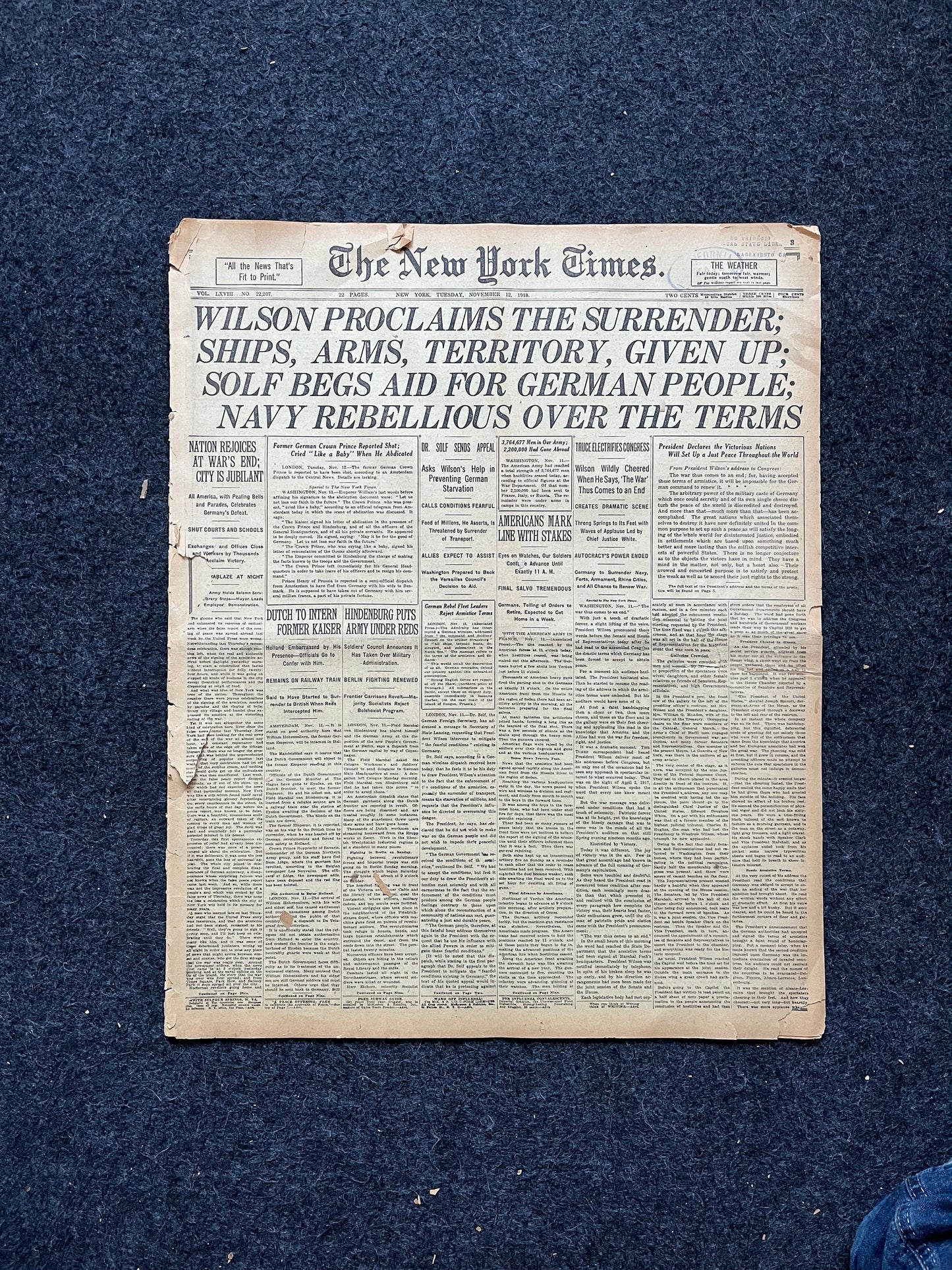 Original End Of WWI Peace Newspaper – WWI Memorabilia, Historic Gifts and Newspapers, Collectible Gifts, Military Memorabilia,