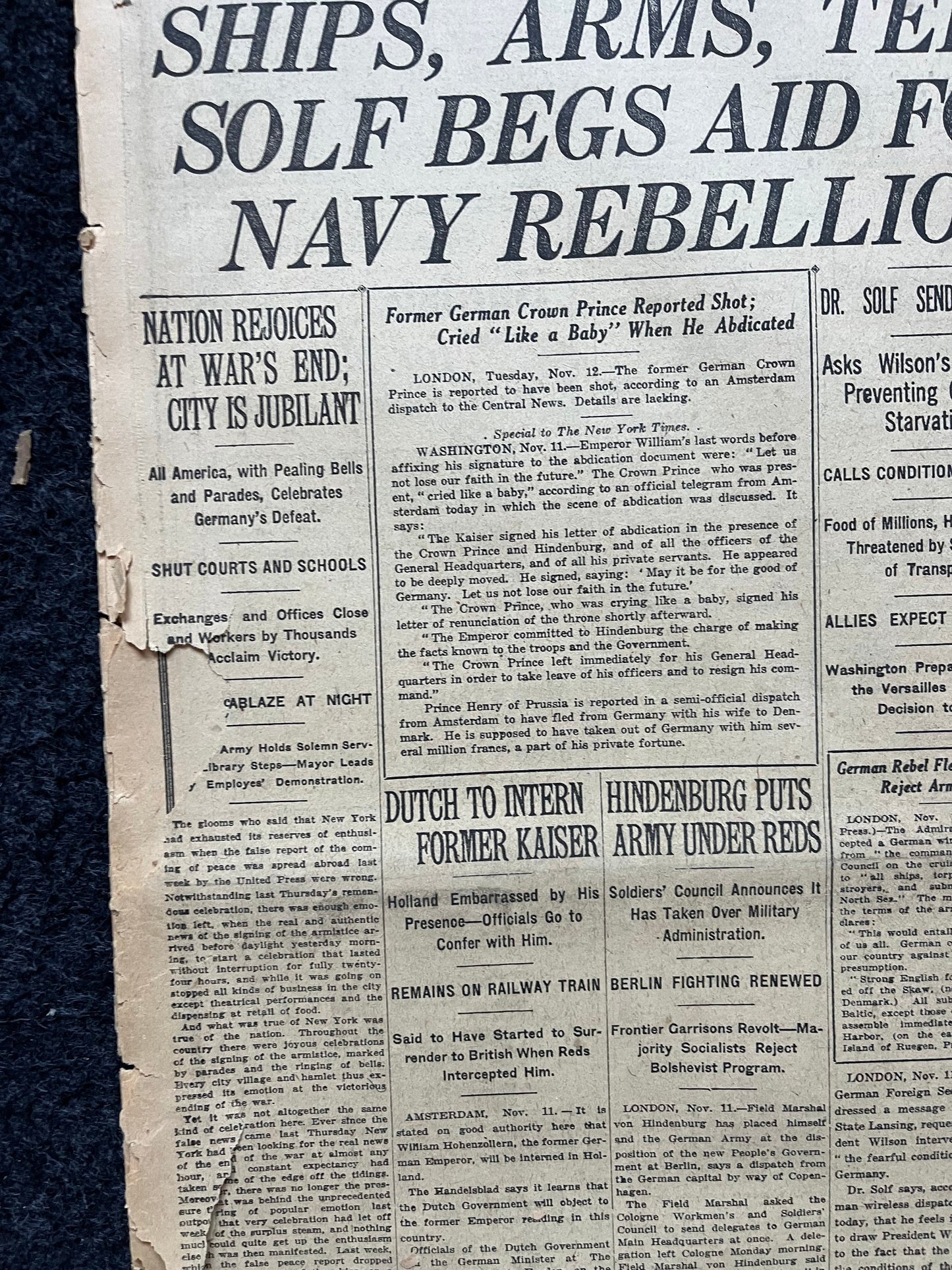 Original End Of WWI Peace Newspaper – WWI Memorabilia, Historic Gifts and Newspapers, Collectible Gifts, Military Memorabilia,