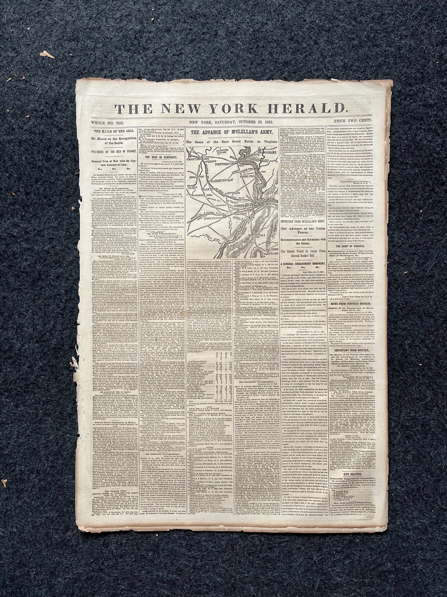 1862 Recognition of the South, Mcclellans Army Advance Mill, Famous Civil War Battle, Civil War Map Original Newspaper, Virginia History