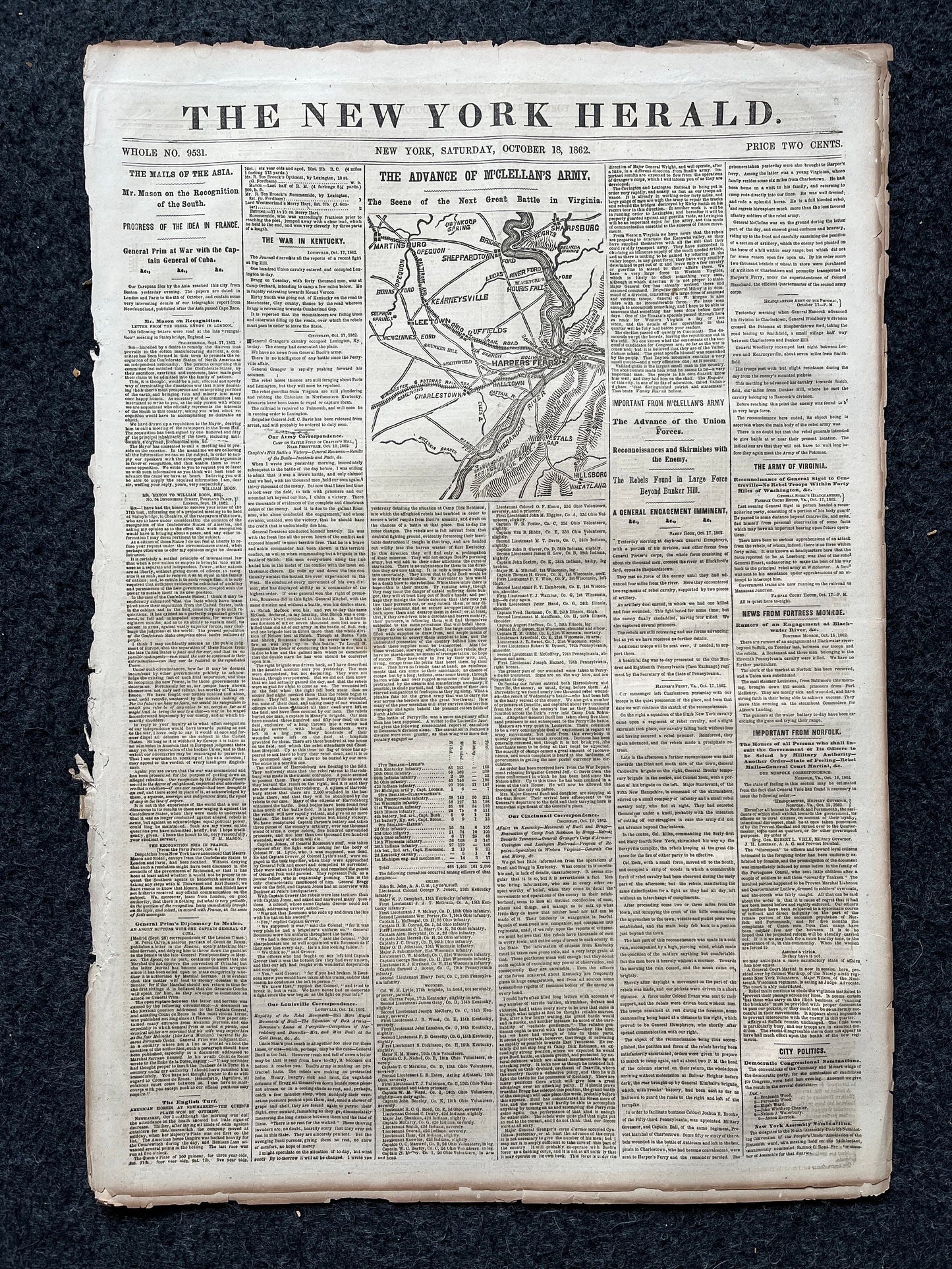 1862 Recognition of the South, Mcclellans Army Advance Mill, Famous Civil War Battle, Civil War Map Original Newspaper, Virginia History