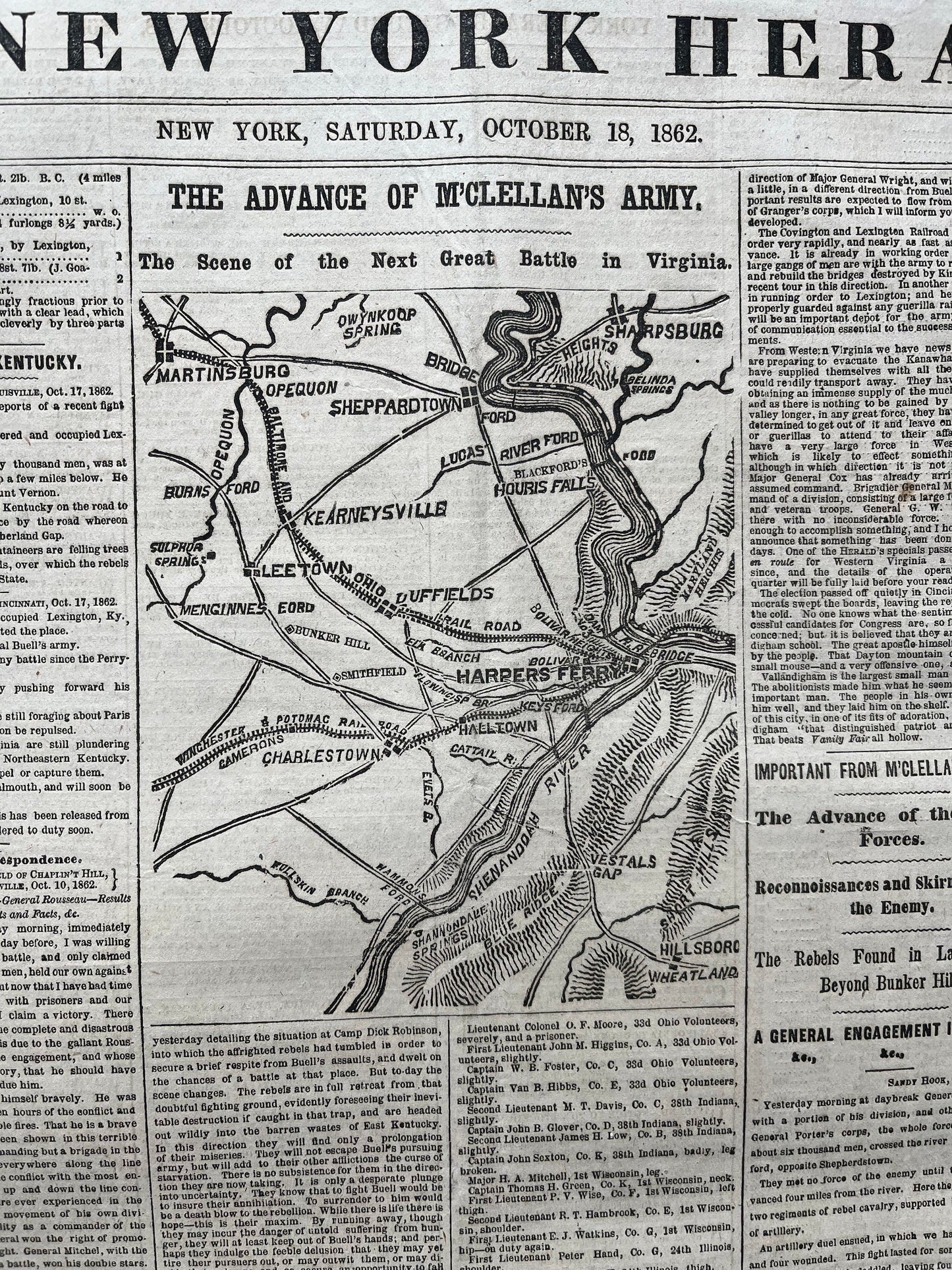 1862 Recognition of the South, Mcclellans Army Advance Mill, Famous Civil War Battle, Civil War Map Original Newspaper, Virginia History