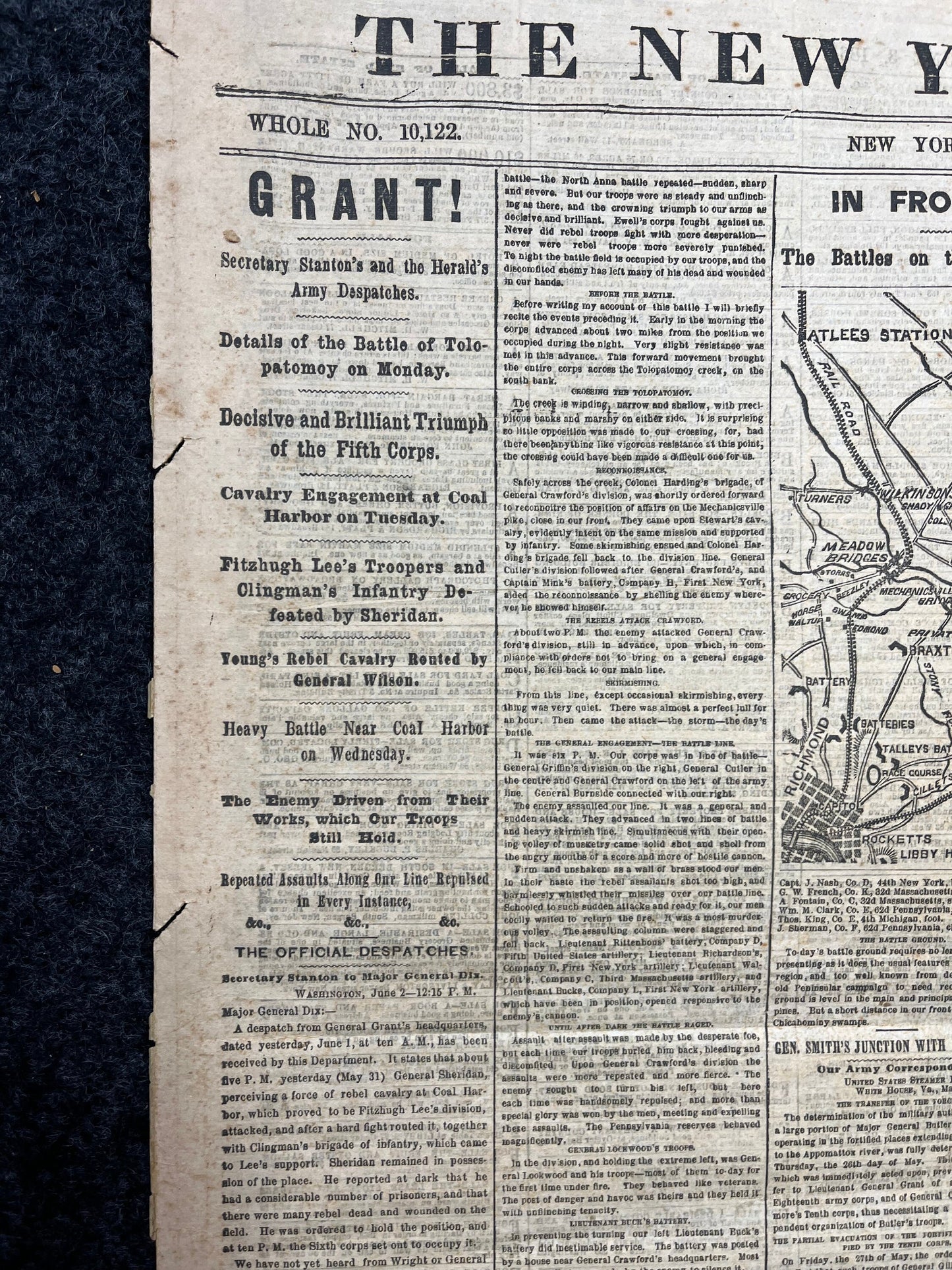 1864 Battle of Coal Harbor Civil War Newspaper, Civil War Map Original Newspaper, Virginia History Memorabilia, Gifts for Dads Civil War Dec