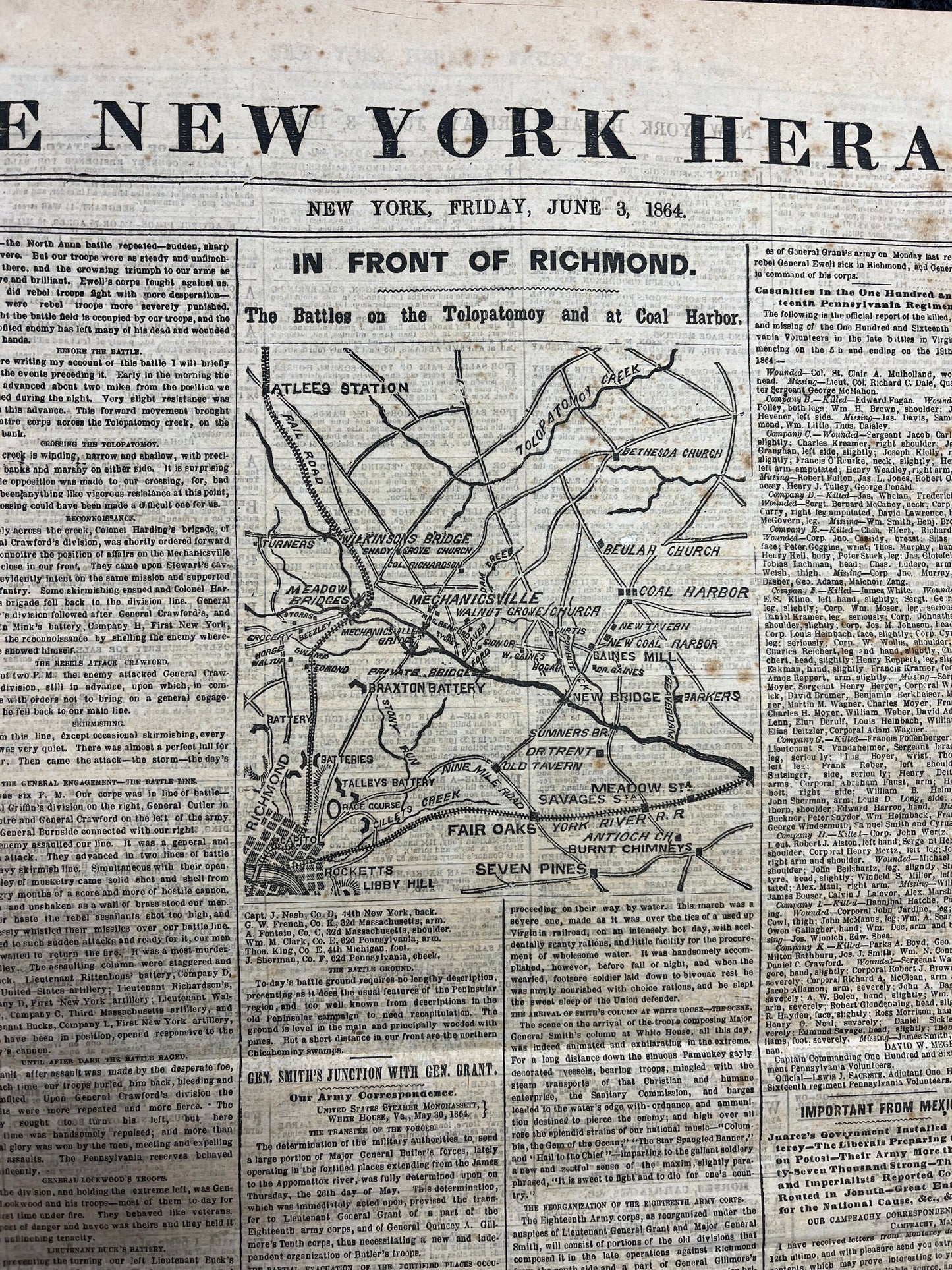 1864 Battle of Coal Harbor Civil War Newspaper, Civil War Map Original Newspaper, Virginia History Memorabilia, Gifts for Dads Civil War Dec