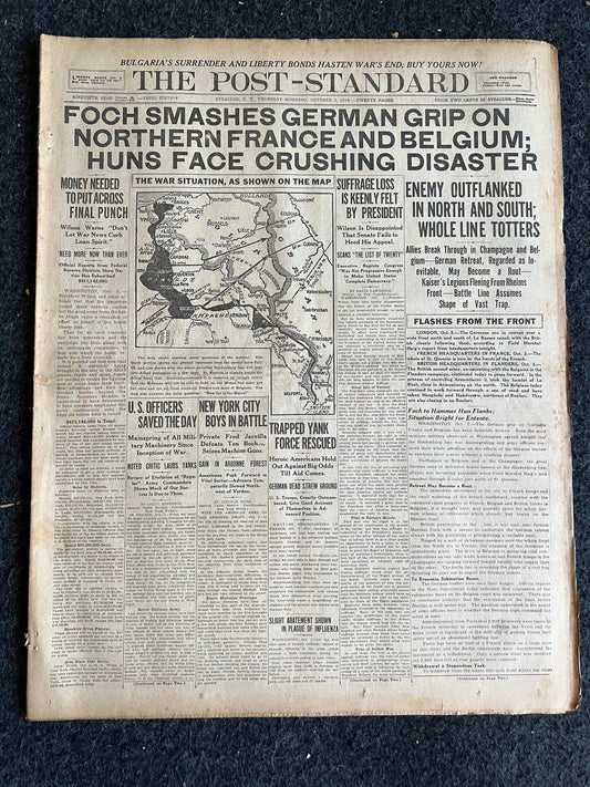 1918 WWI Final Offensive, French German Art, History Antiques, Vintage World War One Memorabilia, American US Army Gifts, Vintage Newspaper