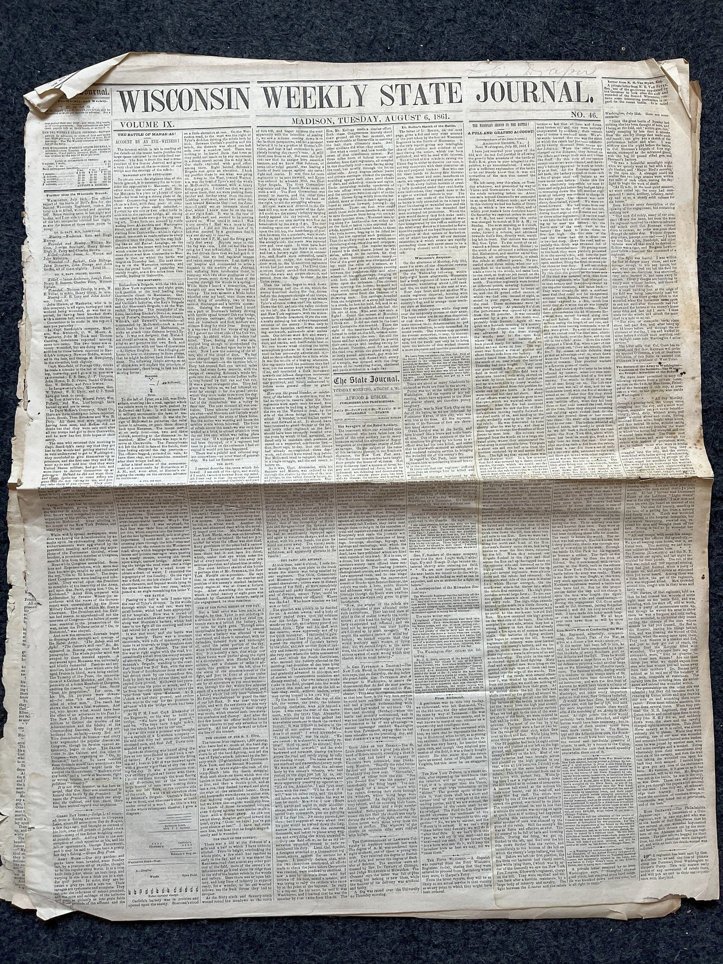 1861 First Civil War Battle, Battle of Bull Run Manassas, Civil War Newspaper, Original Newspaper, History Memorabilia Gifts, Unique Gifts