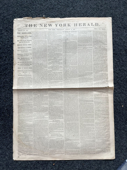 1861 European Blockade, Price Capture of Missouri, Civil War Original Newspaper, History Memorabilia, Gifts for Dad Vintage Collectible