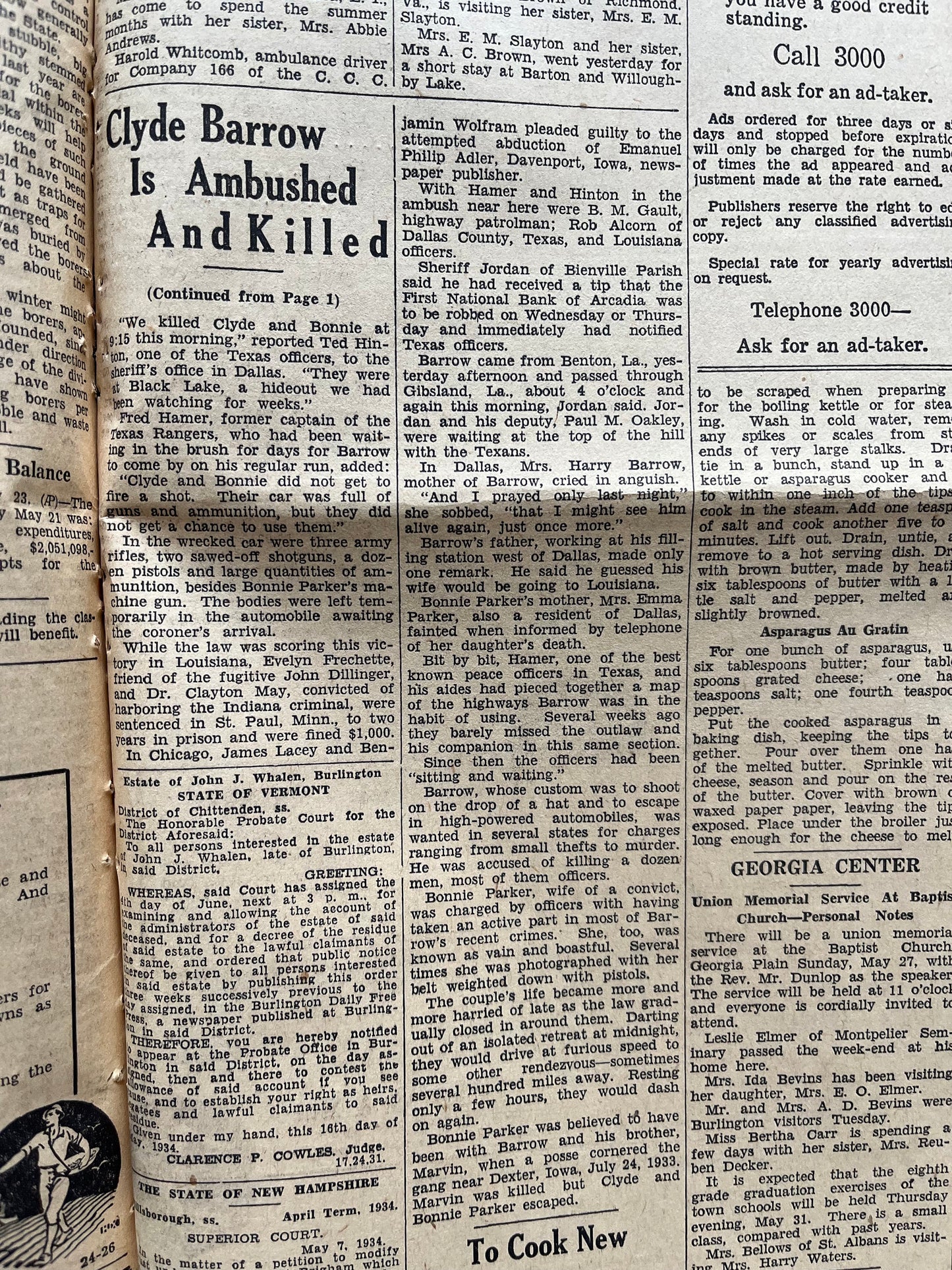 1934 Bonnie and Clyde Death Prohibition Newspaper, Original Vintage Newspaper, Great Depression Gangster Collectible, Man Cave Bar Art Gifts