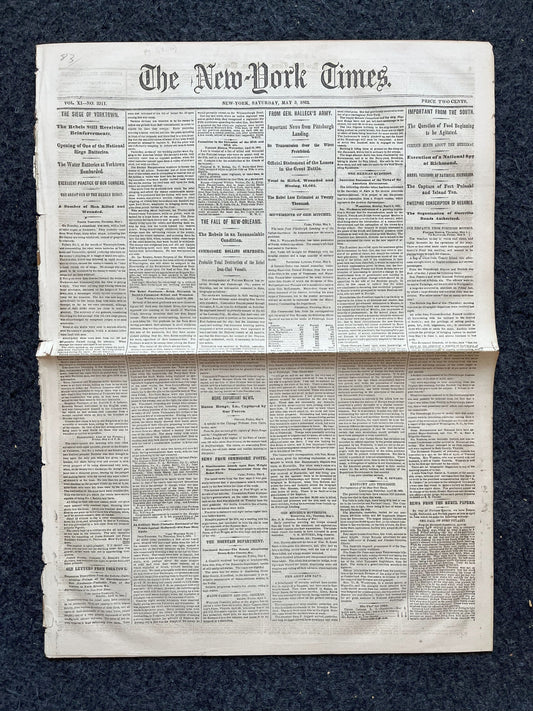 1862 Fall of New Orleans and Battle of Yorktown, Civil War Original Newspaper, History Memorabilia Gift, Gifts for Dad, Vintage Collectibles